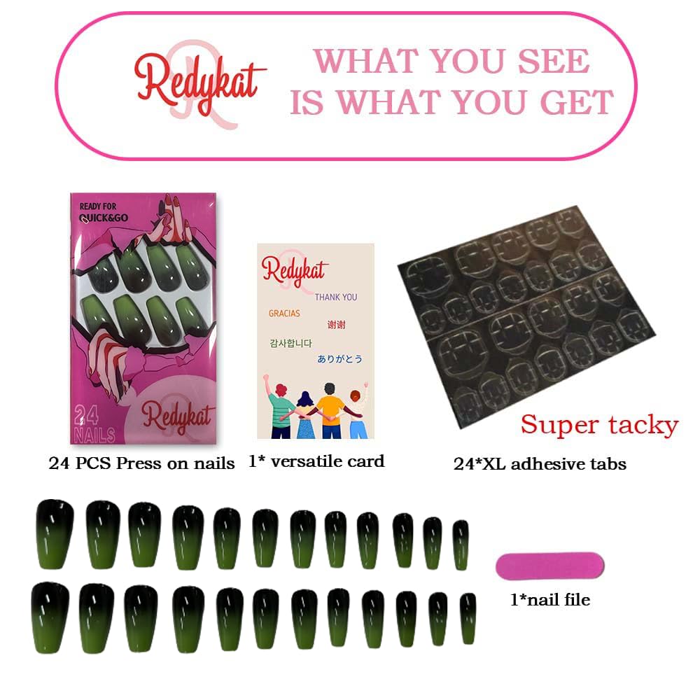 Redykat 24PCS Glossy Green Ombre Coffin Press On Nails - Salon Quality Fake Nails with Extra Long Acrylic Design, Witchy Nail Art for Halloween & Gothic Style (Green & Black Ombre) - Perfect for Parties, Cosplay, and Special Occasions