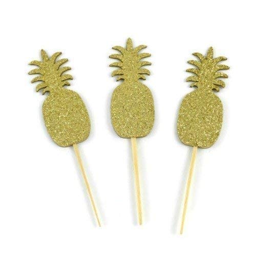 Gold Glitter Paper Pineapple Cupcake Toppers - Set of 12 for Birthday Party, Baby Shower, Wedding Dessert Decorations