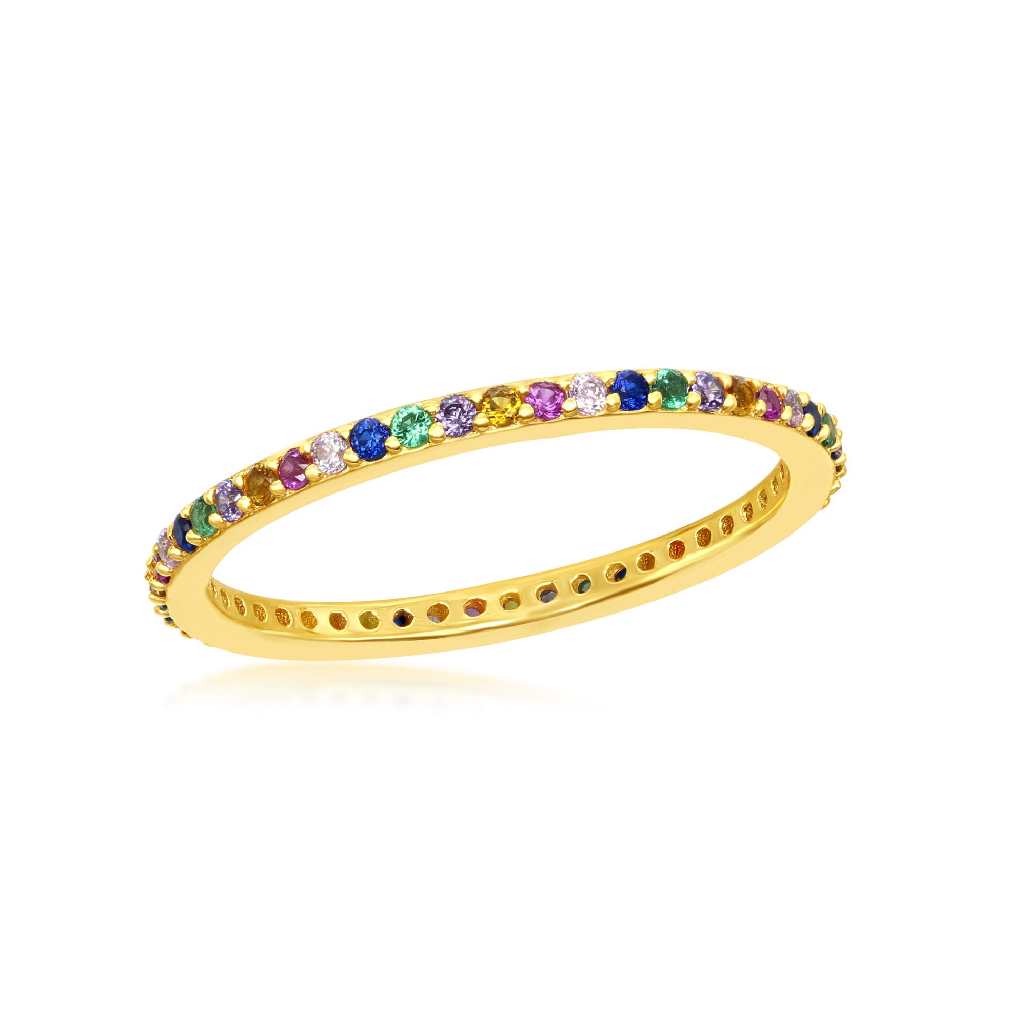Rainbow Simulated Diamond Eternity Ring for Women - Sterling Silver 14k Gold Plated Cubic Zirconia Band - Thin Stackable Wedding Engagement Promise Ring - Perfect for Anniversary Gifts, Valentine's Day & Special Occasions