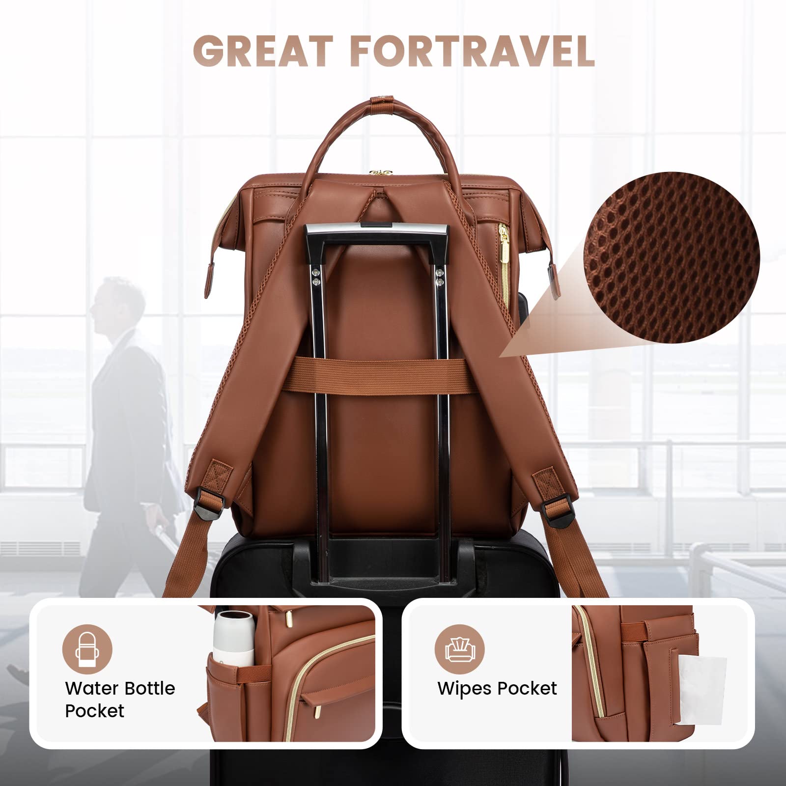 LOVEVOOK 18 Inch Leather Laptop Backpack for Women, Stylish Travel Backpack Purse for Nurse, Teacher, College, Business Professionals with USB Port, Brown - Perfect for Work, School, and Daily Commute