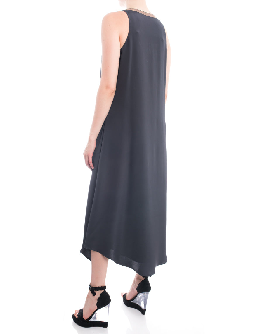 Brunello Cucinelli Grey Silk Sleeveless Maxi Dress with Copper Bead Fringe - Size M | Elegant Evening Gown for Weddings, Galas & Special Occasions