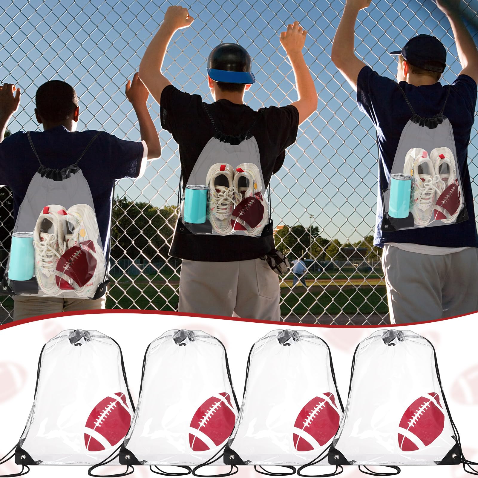 12 Pack Clear Football Drawstring Backpacks - 17x13 Inch Waterproof Plastic Sports Bags for Party Favors, Gym & Stadium Events | Team Gifts, Goodie Bags & Game Day Essentials