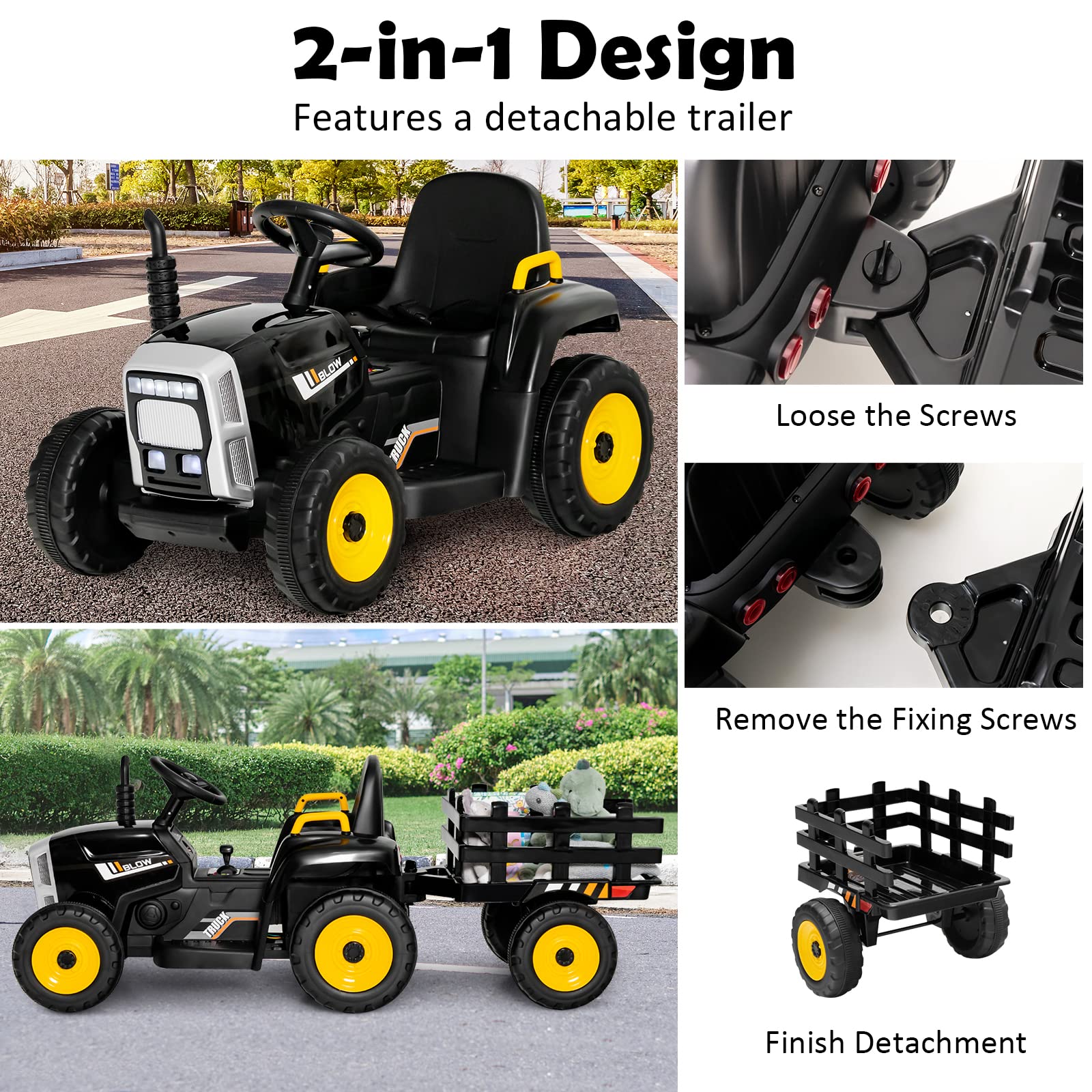 **HONEY JOY 12V Kids Electric Ride-On Tractor with Trailer - 3-Speed Gear Shift, LED Lights, Horn & Music - Battery-Powered Remote Control Toy Car for Boys & Girls (Black) - Perfect for Outdoor Play & Farm-Themed Adventures**