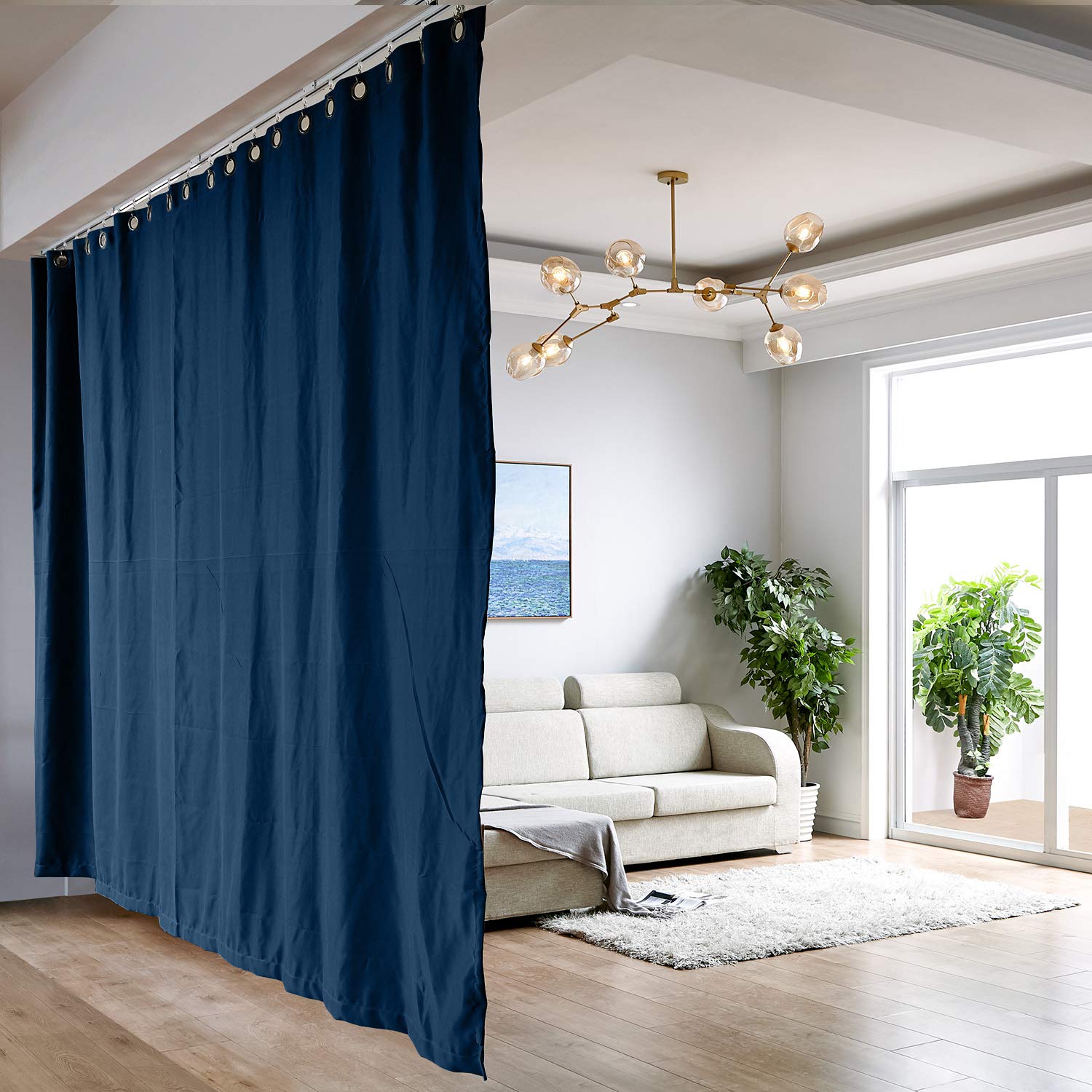 ChadMade Heavyweight Blackout Room Divider Curtain with Ceiling Track Kit - XX-Large Size (12-14ft Wide x 9ft Tall) Navy Blue - Perfect for Home Office, Studio Partition, or Event Space Decoration