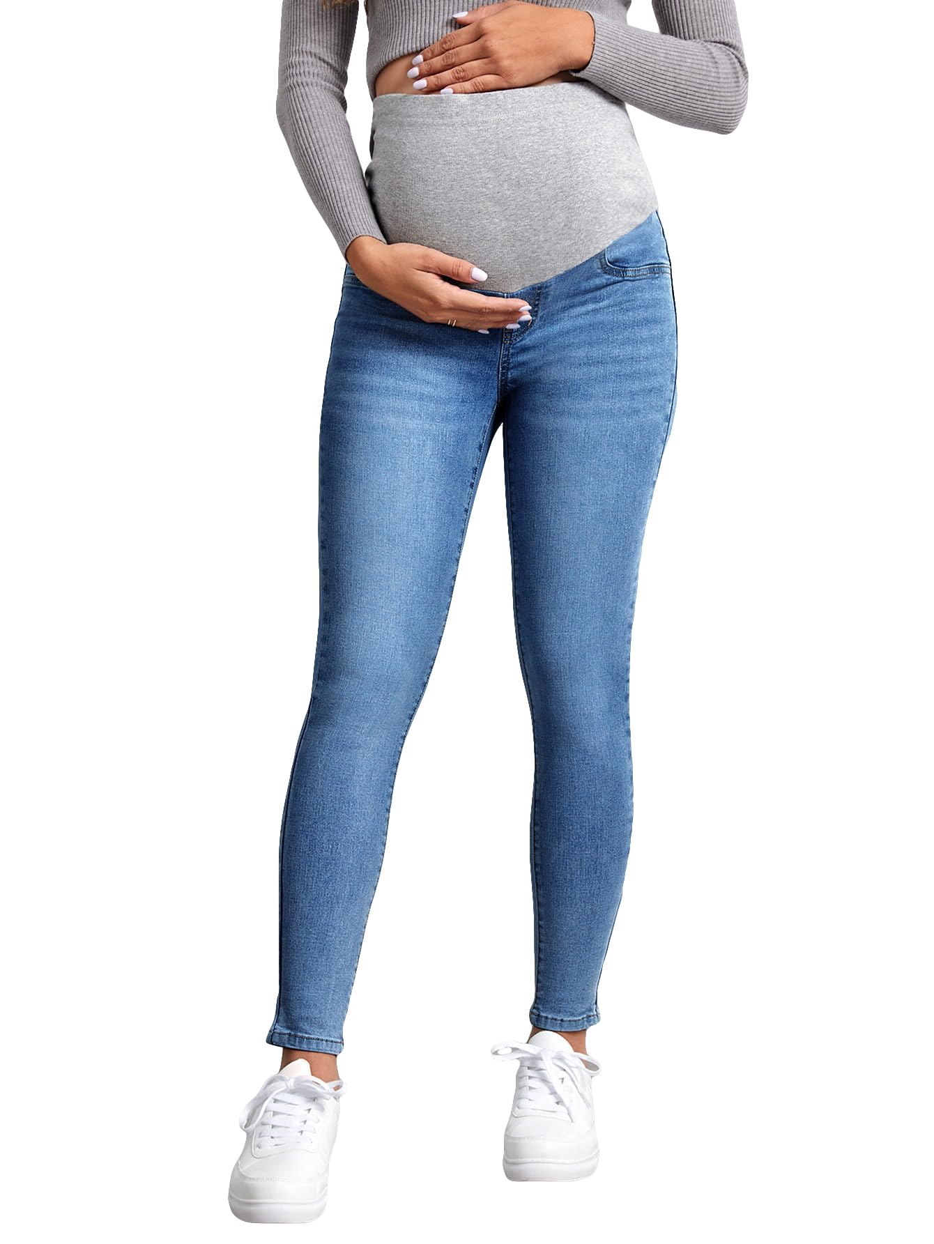 Floerns Women's Maternity High Waist Ripped Hem Stretch Denim Jeans with Pockets - Comfortable Pregnancy Pants for Casual Wear & Everyday Outfits