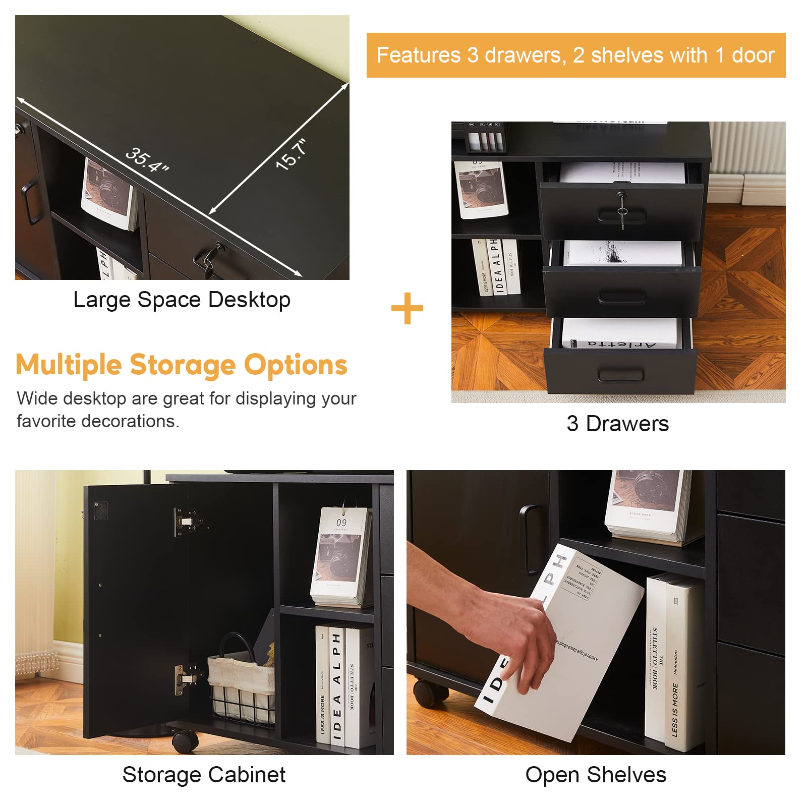 CLIPOP Mobile Office Cabinet with 3 Drawers (1 Lockable) - Under Desk Rolling File Storage Cabinet with Open Shelves & 5 Wheels - Printer Stand Organizer for Home Office (Black) - Perfect for Small Spaces, Document Storage & Workspace Organization