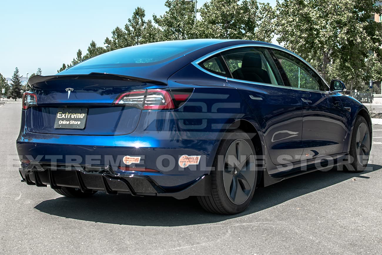 Tesla Model 3 Rear Bumper Diffuser (2017-2023) - Performance Track Style ABS Plastic Glossy Black with Side Splitter Apron Pair | Perfect for Car Upgrades & Street Racing Style Enhancement