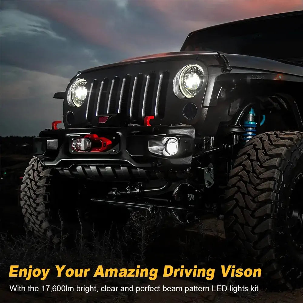 LOYO 7 Inch Dragon Eye LED Headlights + 4 Inch Fog Lights + Front Grill Indicator Lights Combo Kit for Jeep Wrangler JK (2007-2018) - Off-Road Lighting Upgrade for Night Driving & Adventure