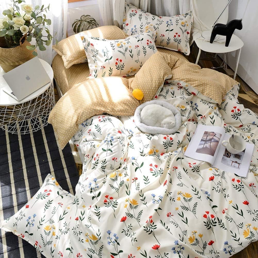 Erosebridal Bohemian Floral Duvet Cover Set - Yellow Blue Red Blossom Botanical Print, Country Garden Leaf Branch Design for Twin Bed | Perfect for Kids, Girls & Women's Bedroom Decor (White & Brown) - Ideal for Boho Chic, Farmhouse & Cottage Style Bedrooms