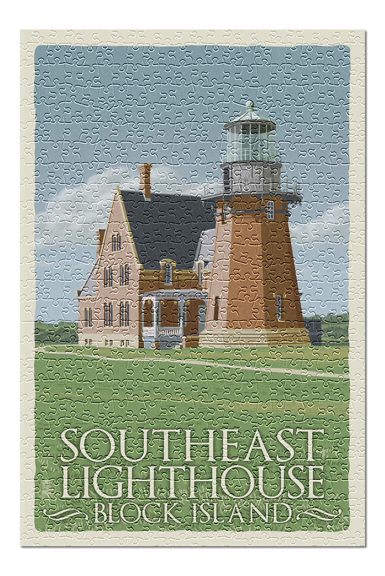 Premium 500-Piece Jigsaw Puzzle - Block Island Rhode Island South East Lighthouse Letterpress Art (19x27 Inches) | Made in USA | Challenging Adult & Family Puzzle for Home Decor, Relaxation & Brain Teaser Activities