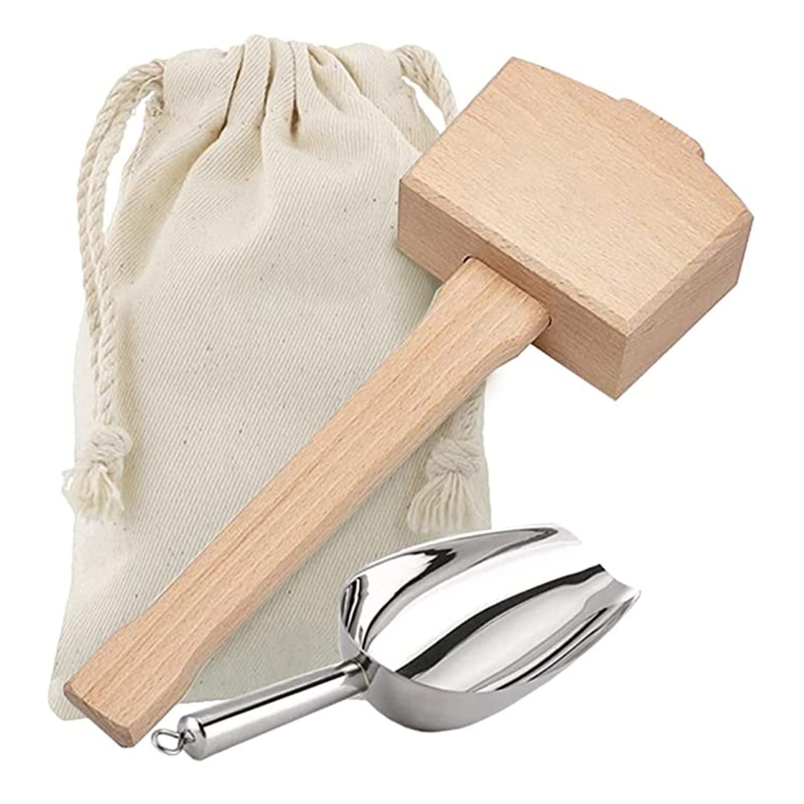 Wooden Ice Crusher Hammer with Plastic Mallet & Storage Bag - Manual Ice Smashing Tool for Cocktails, Smoothies & Party Drinks - Perfect for Home, Bar & Kitchen Use