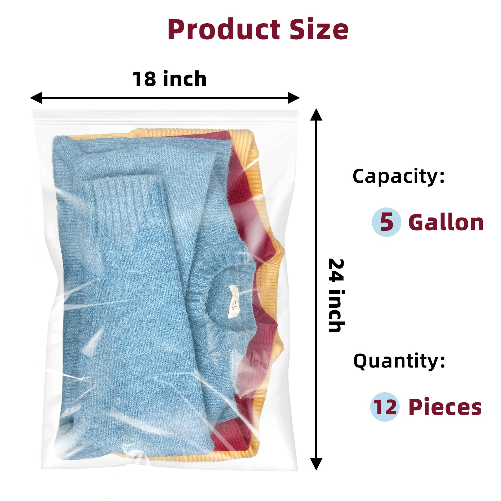 5 Gallon Large Clear Plastic Zipper Storage Bags - 18x24 Inches Reclosable Heavy Duty Bags (12 Pack) for Food Storage, Organization & Travel Packing