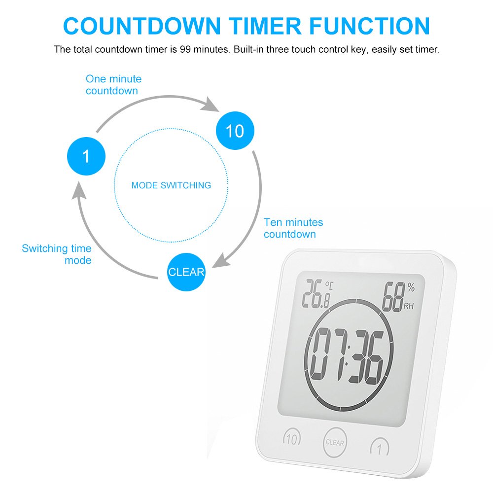 AOZBZ Waterproof Digital Shower Clock with Alarm - Touch Screen Kitchen Timer with Temperature & Humidity Display - Suction Cup & Hanging Hole - Ideal for Bathroom, Kitchen, Gym, Pool (White)