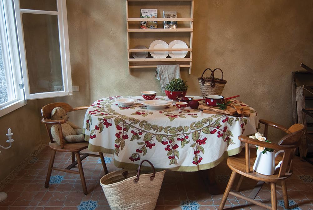 Round French Tablecloth by Couleur Nature - 70 Inch Cotton Cherry Red & Green Checkered Table Cover for Dining, Kitchen, and Outdoor Picnics