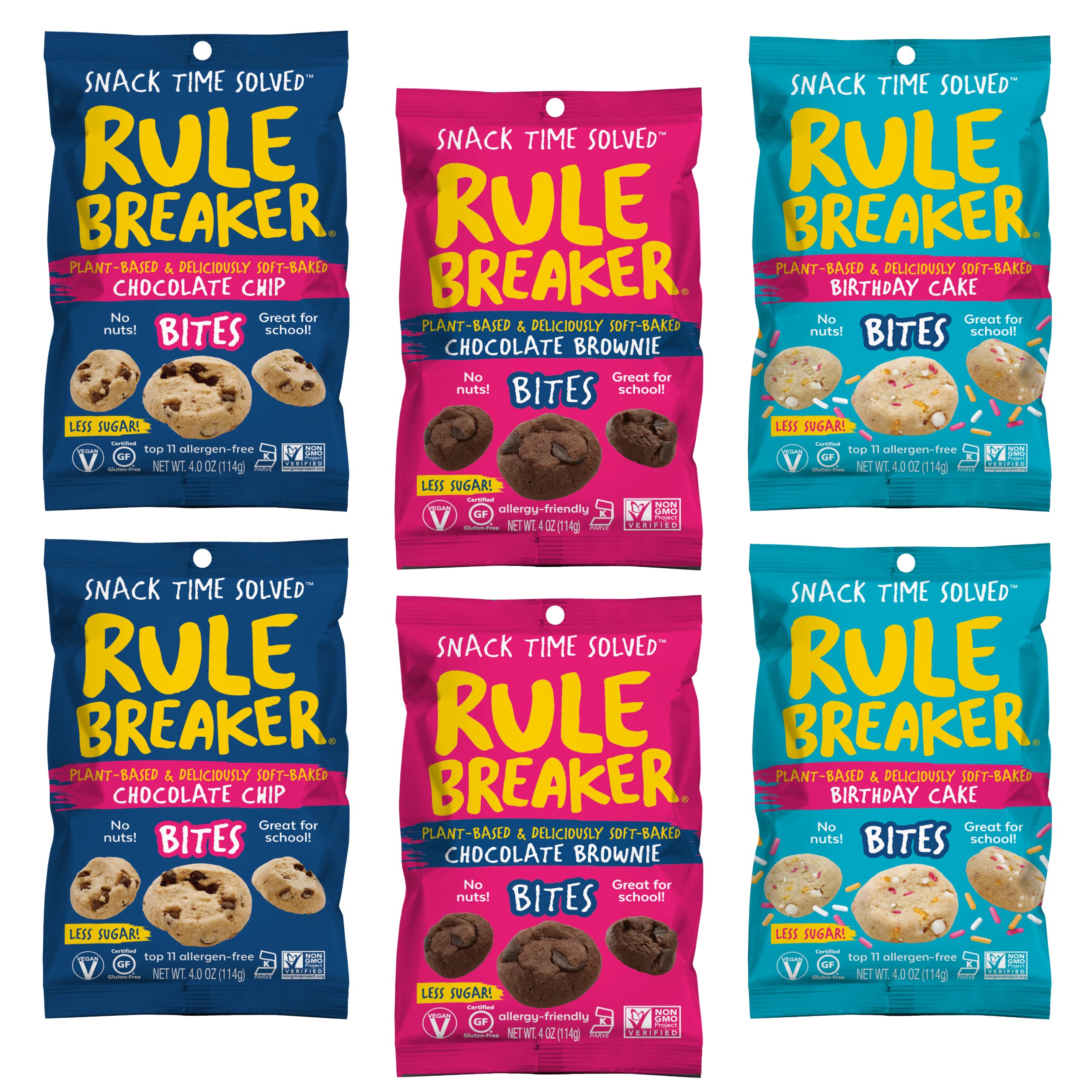 Rule Breaker Snacks Vegan Gluten Free Variety Pack - 6 Soft-Baked Blondie Brownie Bites | Plant-Based, Dairy-Free, Nut-Free, Soy-Free, Allergen-Free, Kosher Certified | Healthy School Snacks for Kids & Adults | Perfect for Lunchboxes, Office Treats & After-School Snacking