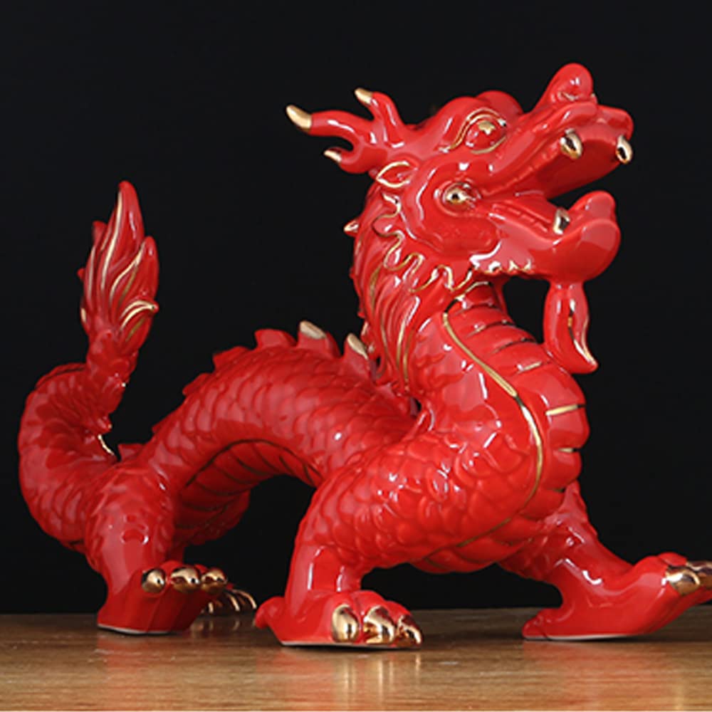 Red Dragon Statue - Chinese Zodiac Animal Figurine for Home & Office Decor, Feng Shui Evil Spirit Protection, Modern Asian-Inspired Decoration for Living Room, Desk & Shelf Display