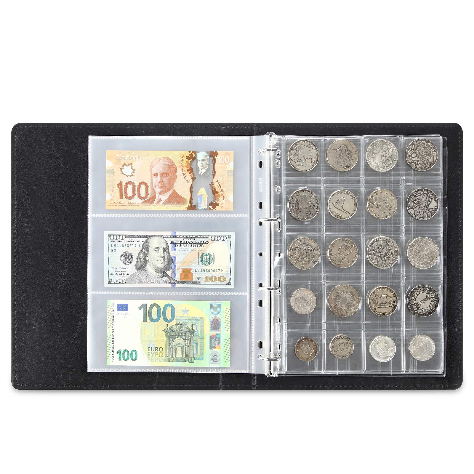 Premium PU Classic 4-Ring Binder Album - Black Leather-Like Stockbook for Stamps, Documents, Coins & Banknotes | Durable Organizer for Collectors, Office & School Supplies | Perfect for Storage, Display & Organization