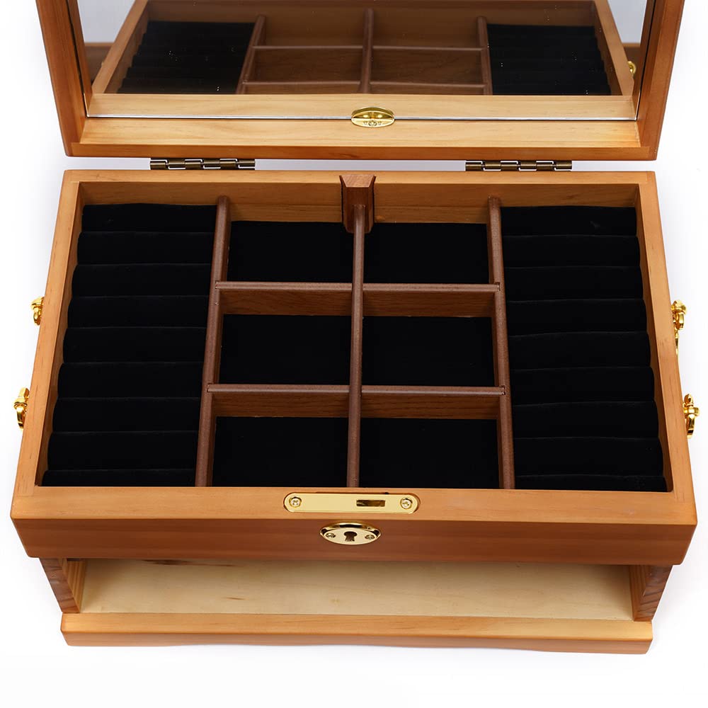 3-Layer Wooden Jewelry Box with Mirror & Lock - Perfect for Rings, Earrings & Necklaces Storage - Great Gift for Christmas