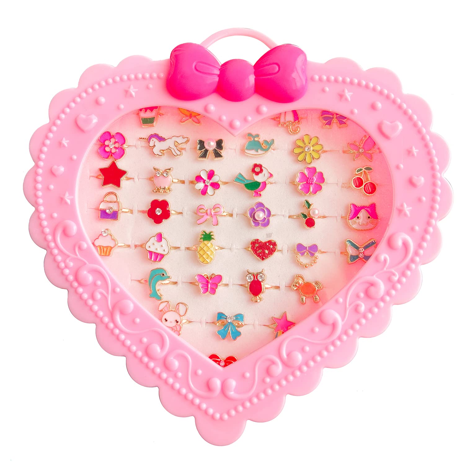 36pcs Adjustable Kids Jewelry Rings Set for Girls - Heart Shaped Display Case - Pretend Play, Dress Up & Party Accessories for Little Girls - Perfect for Birthdays, Gifts & Role Play Fun