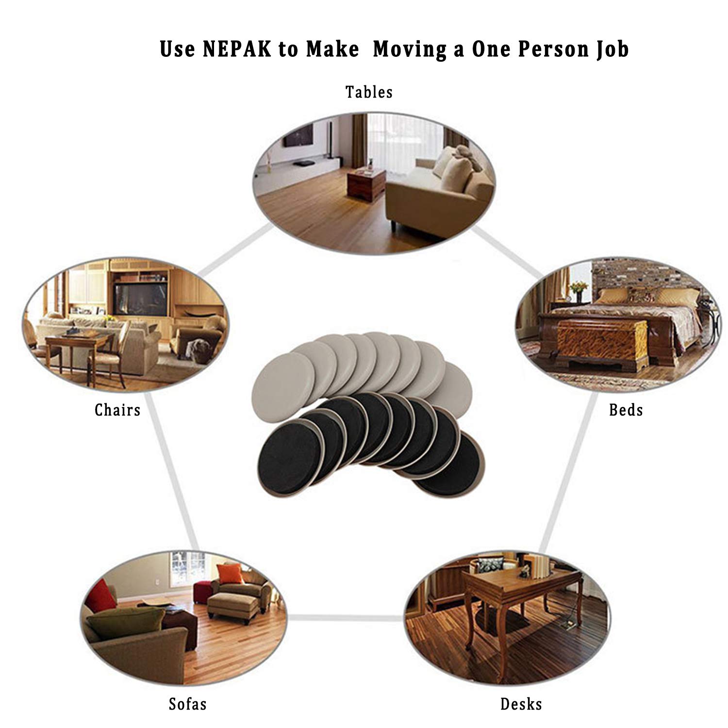 NEPAK 24-Piece 3.5 Inch Furniture Sliders - Heavy Duty Moving Pads for Hardwood Floors & Carpets - Reusable Felt Furniture Gliders for Sofa, Couch, Table & Chair (Perfect for Home Moving & Rearranging)