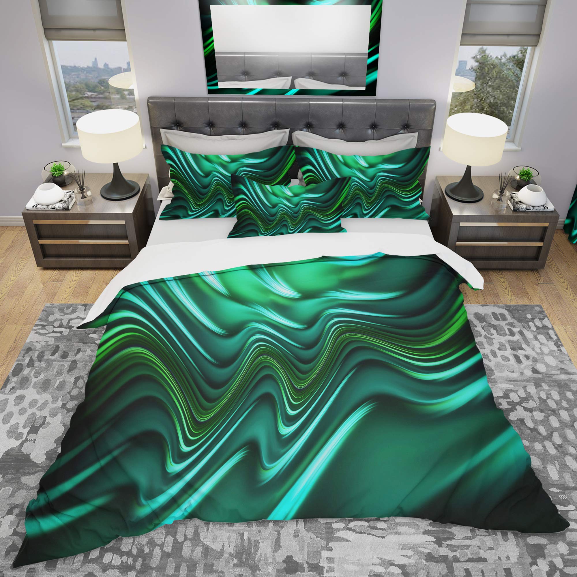 DesignQ Emerald Energy Green Abstract Modern Contemporary Duvet Cover Set - Queen Size 3-Piece Bedding Set for Stylish Bedroom Decor