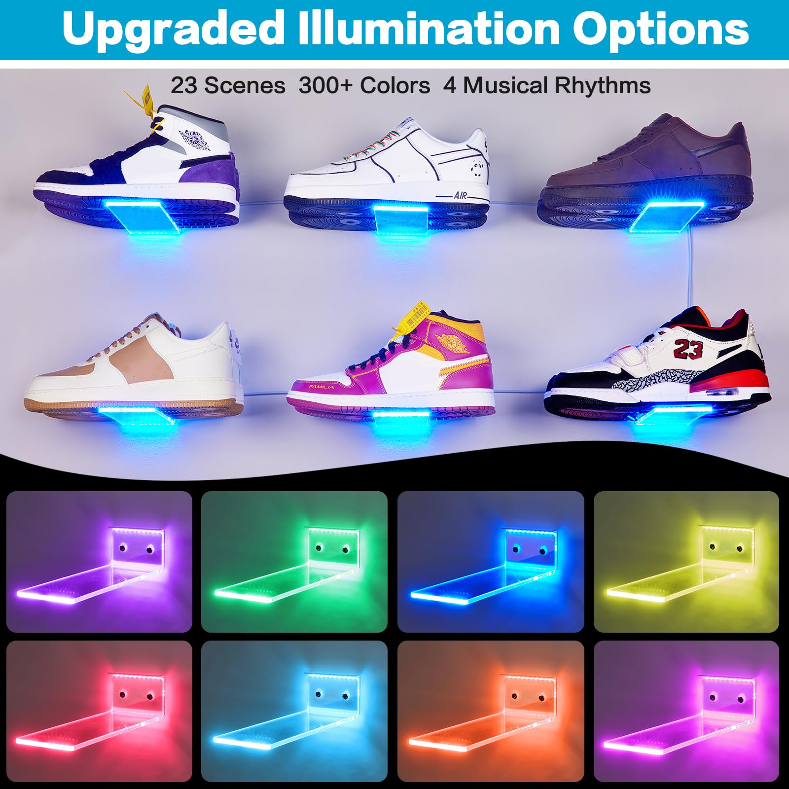 DILIBRA 6-Pack LED Floating Shoe Display Shelf - Glow Color Changing Clear Acrylic Wall Mount Sneaker Shelves for Nike, Jordan & Collectible Shoes (18Pcs+Clear) - Perfect for Bedroom, Game Room & Sneakerhead Collections