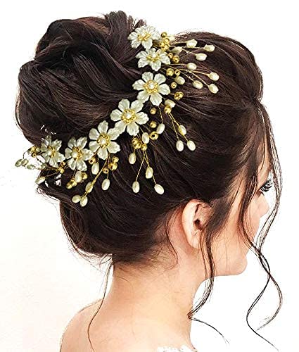 GEETIKA Elegant Hair Pins for Women - Wedding & Anniversary Hair Accessories (White & Gold, Pack of 1) - Perfect for Bridal Hairstyles, Prom, and Special Occasions