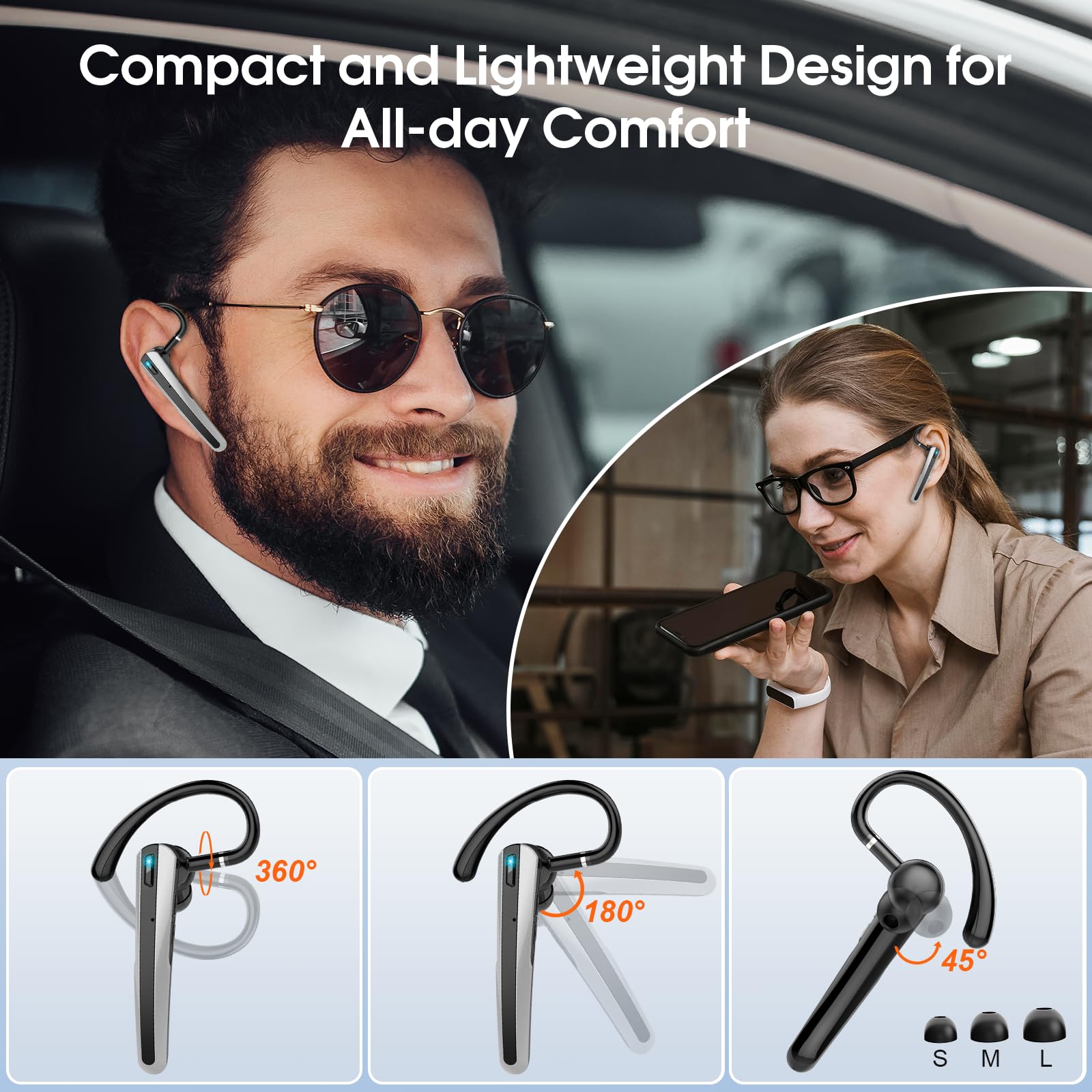 SKIUDCT V5.3 Wireless Bluetooth Headset - 120H Playtime, Dual Mic ENC Noise Cancelling, Hands-Free Earpiece for Driving, Business Calls & Office Work | Comfortable & Lightweight for All-Day Use