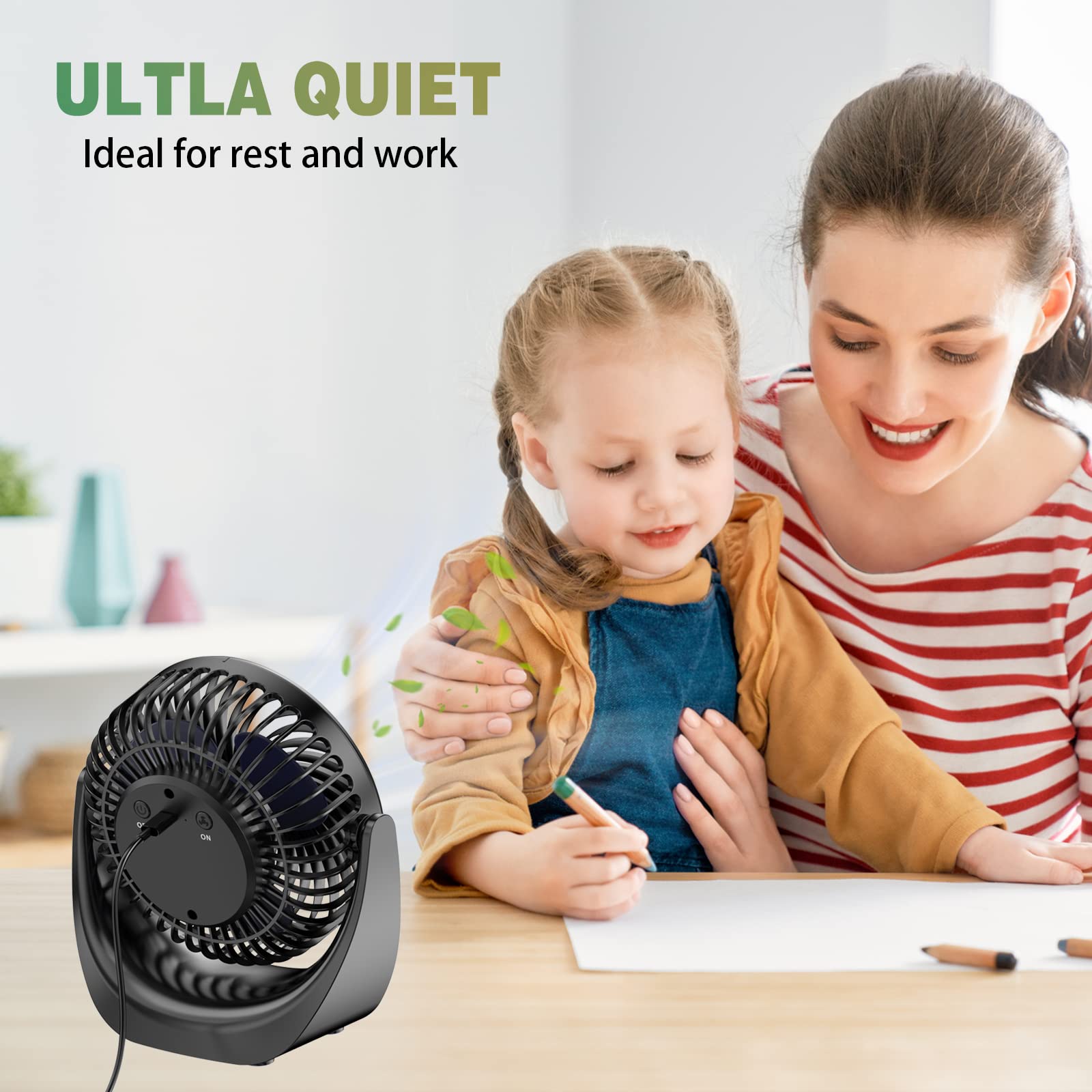 OcTecho USB Mini Desk Fan - Quiet Portable Small Fan with Strong Airflow, 5 Speed Settings & 360° Rotation - Perfect for Office, Home, Travel, Camping & Outdoor Use - Upgraded Version