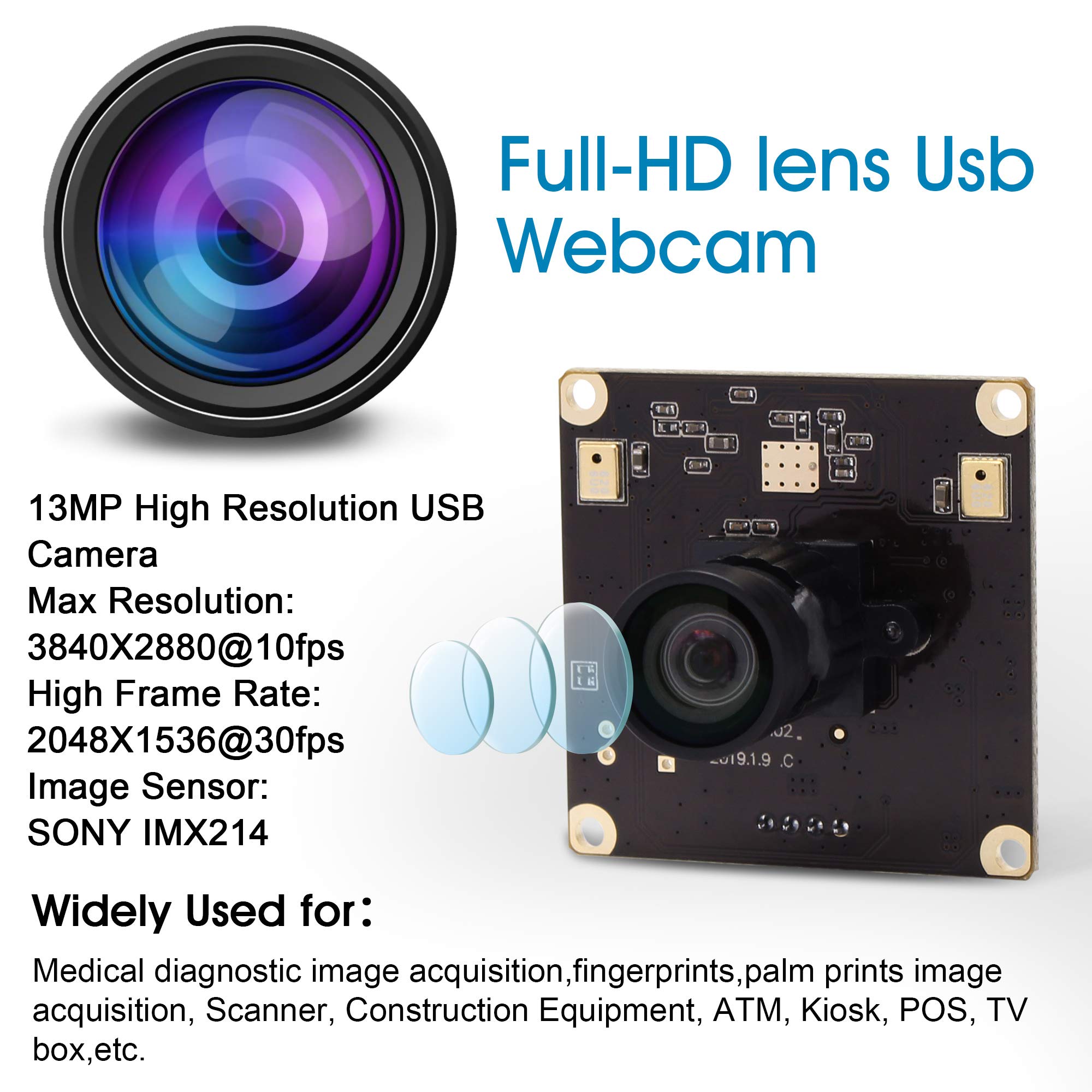 13MP Wide Angle USB Webcam with Microphone - 100° No Distortion Lens, UVC USB 2.0 PC Camera for Computer, Laptop, Raspberry Pi - Perfect for Video Conferencing, Live Streaming & Industrial Monitoring