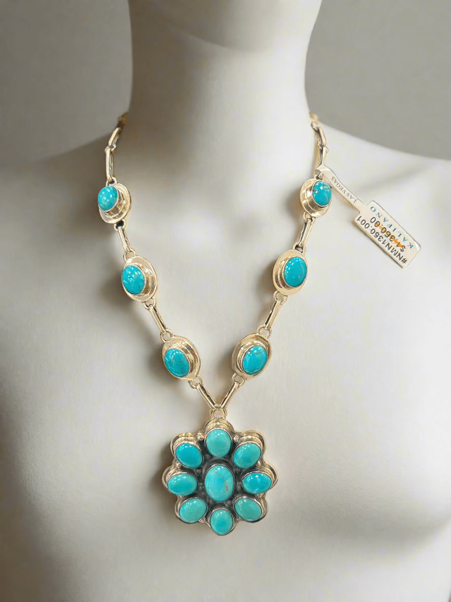 Kingman Turquoise Flower Necklace - Handmade 925 Sterling Silver Jewelry for Women | Southwest Style Pendant for Casual Wear & Special Occasions