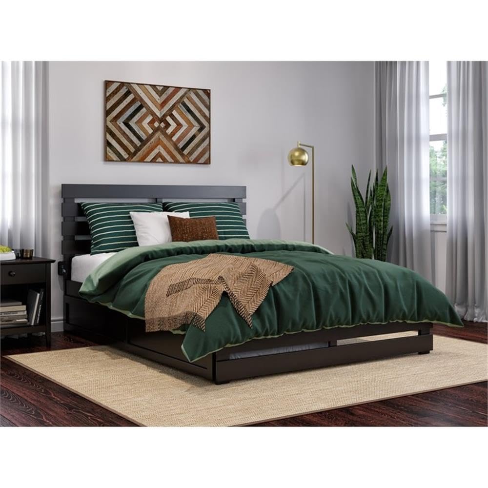 AFI Oxford Queen Size Platform Bed with Footboard & Twin XL Trundle in Espresso - Modern Bedroom Furniture for Small Spaces & Guest Rooms