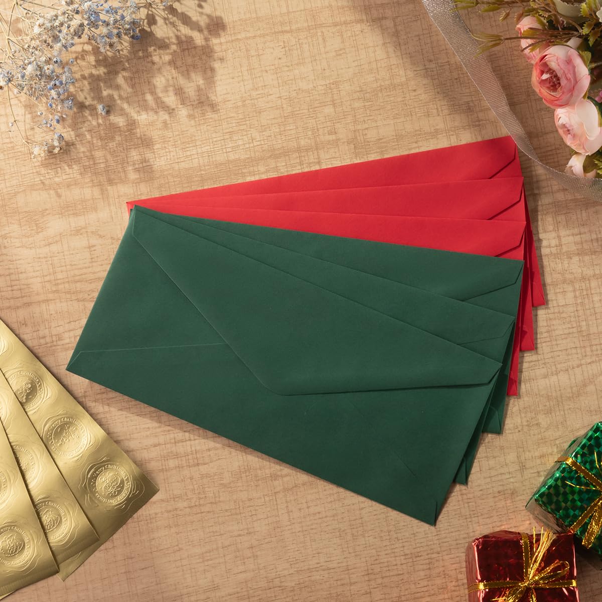 50 Pack Christmas #10 Business Envelopes - Red & Green for Office, Checks & Mailing