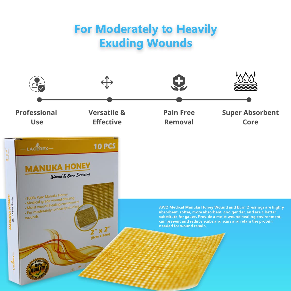 Manuka Honey Gauze Dressing - Medical Grade Wound Care Patches (10 Pack) for First Aid & Burns