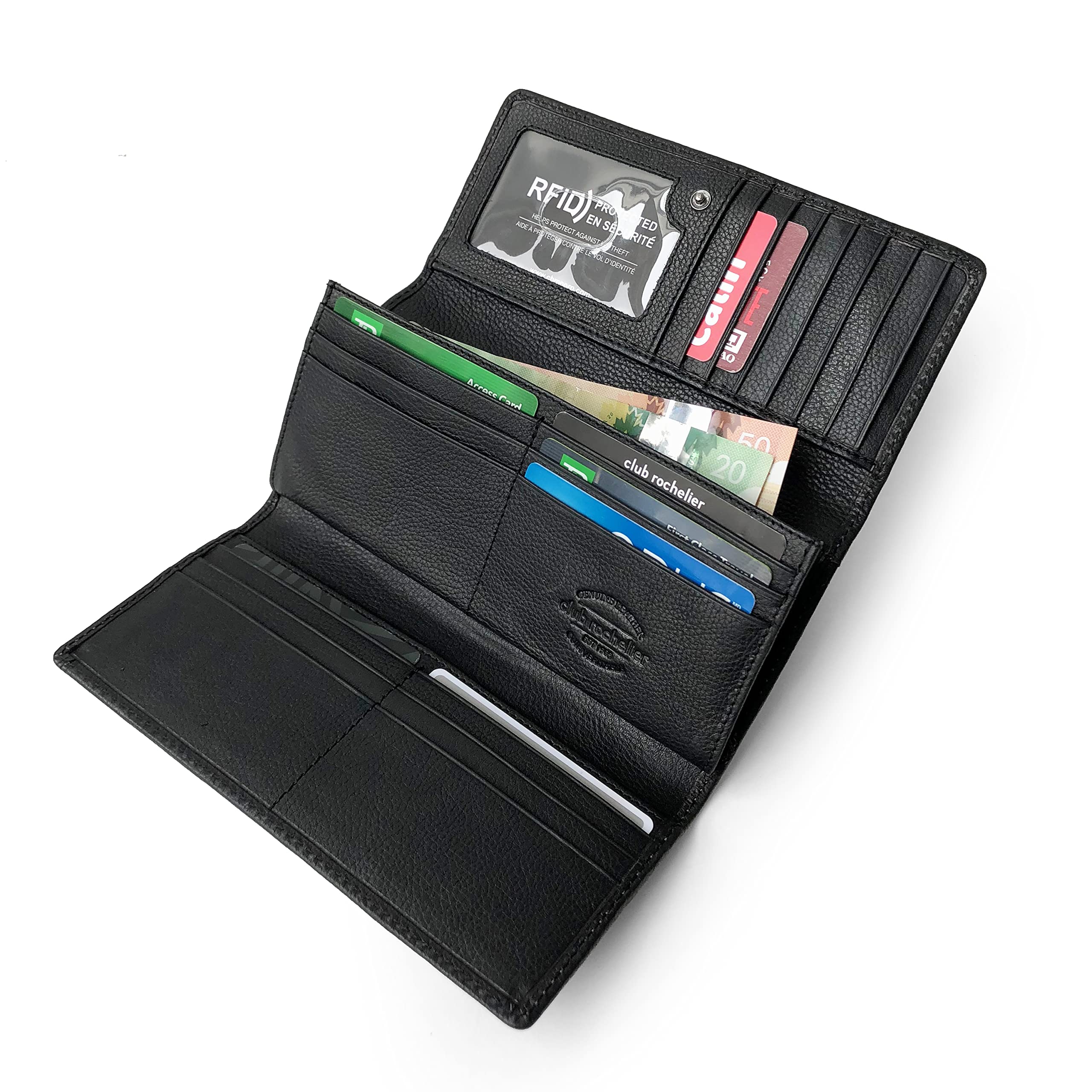 Club Rochelier Genuine Leather Clutch Wallet for Women - Slim RFID Blocking Credit Card Holder with Wristlet Strap, Black (CL11065-3-Blk) | Perfect for Evening Parties, Weddings & Daily Essentials Organization
