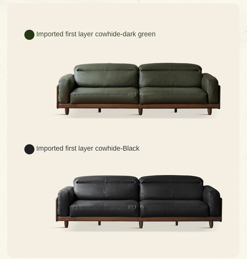 Premium Black Walnut Solid Wood Leather Sofa - Italian Modern Luxury Living Room Furniture for Home & Office Decor