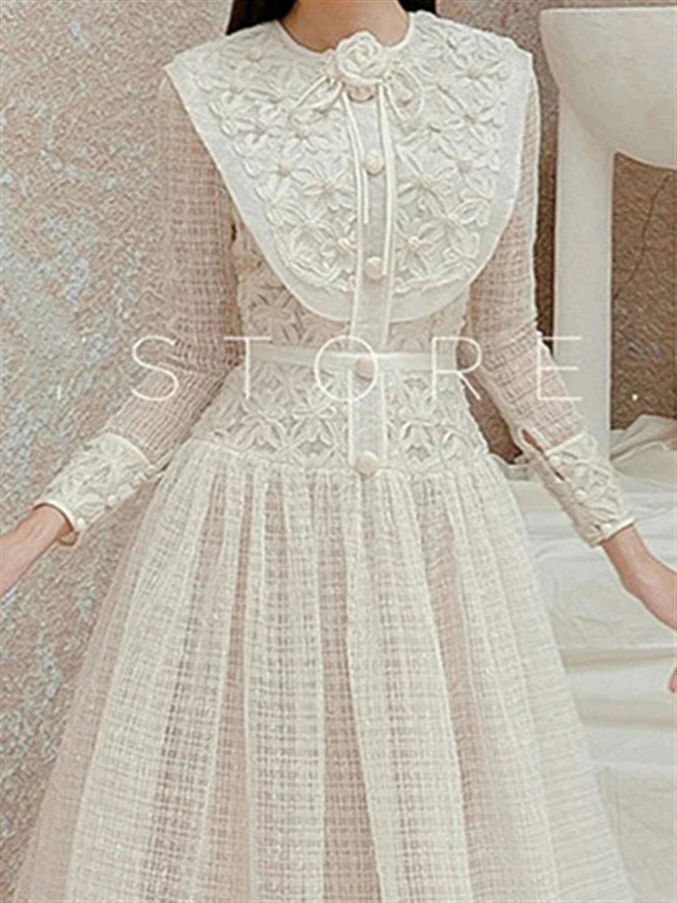 Elegant Boho Vintage Women's Dress - Embroidered Lace High Waist Long Sleeve Party Gown for Autumn & Spring | Perfect for Weddings, Cocktail Parties & Special Occasions