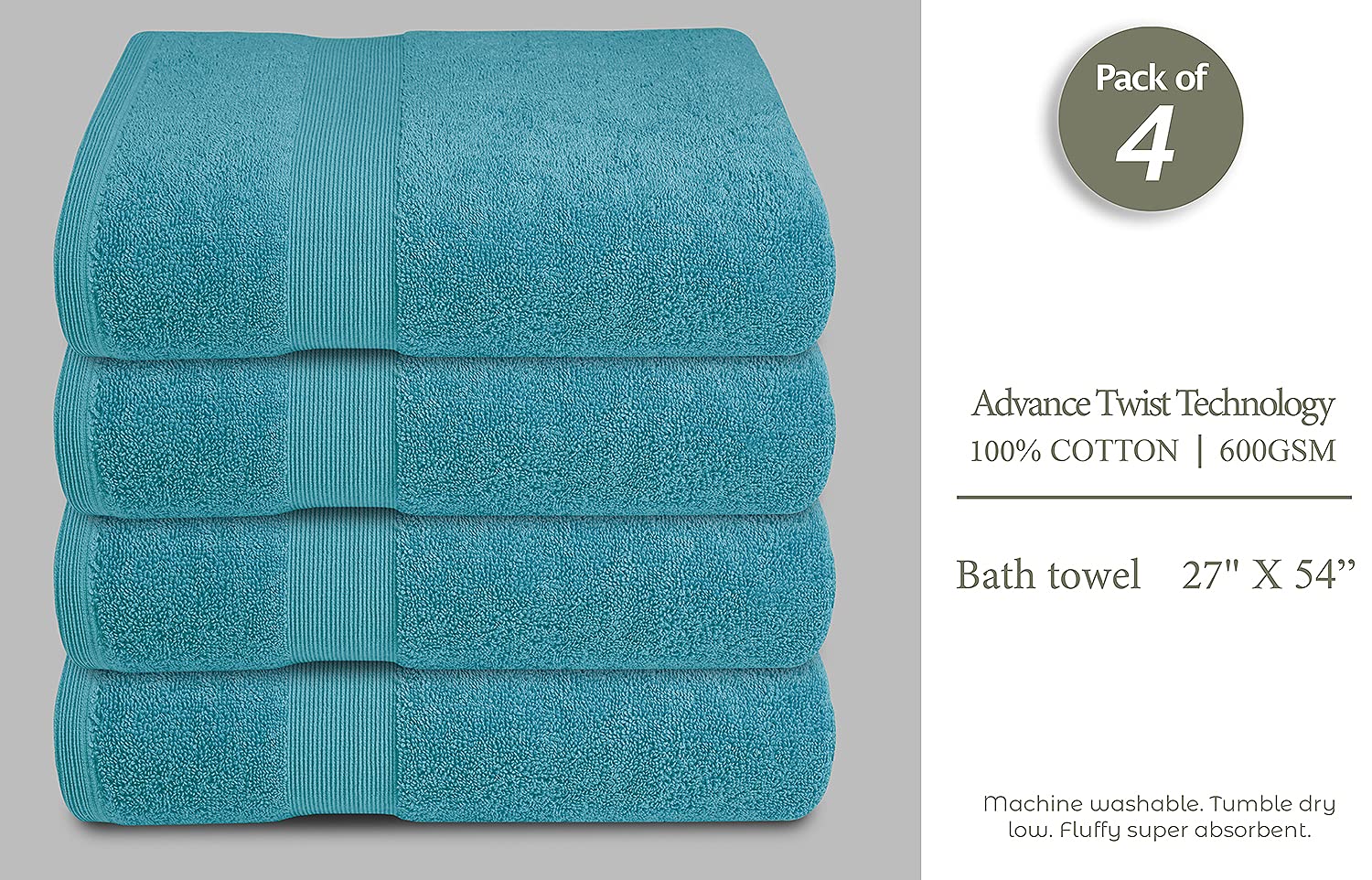Softolle 100% Cotton Luxury Bath Towels Set of 4 - Super Soft & Absorbent 27x54 Inch Bathroom Towels - Eco-Friendly, Quick-Dry, Plush Hotel Quality (Turquoise) - Perfect for Spa, Gym, and Guest Bathrooms