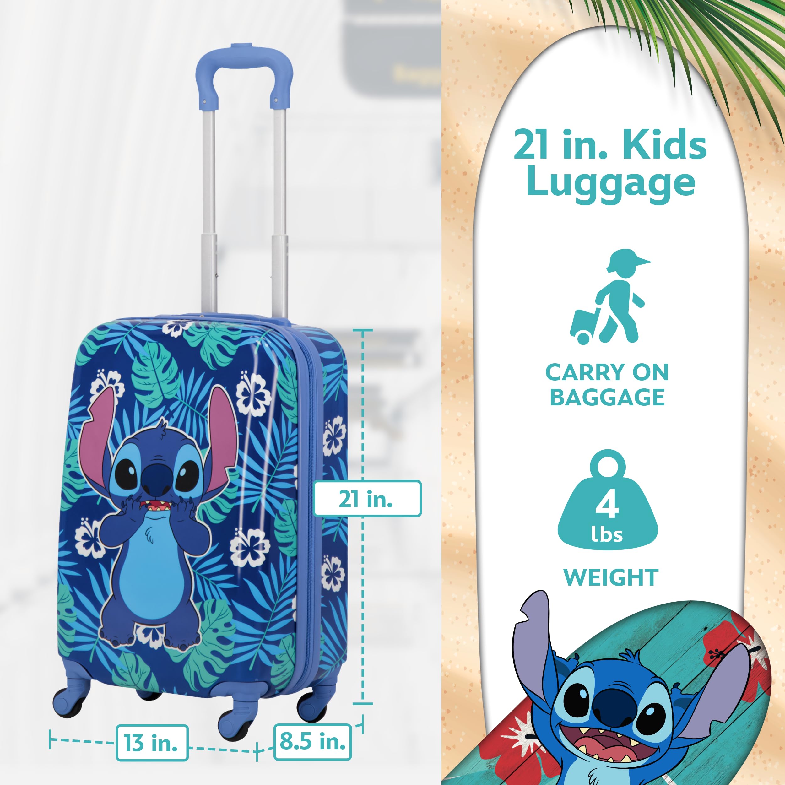 FUL Unisex Kids Disney Stitch 21 Inch Hardshell Carry-On Luggage with 360° Spinner Wheels - Blue Rolling Suitcase for Travel, School Trips & Family Vacations
