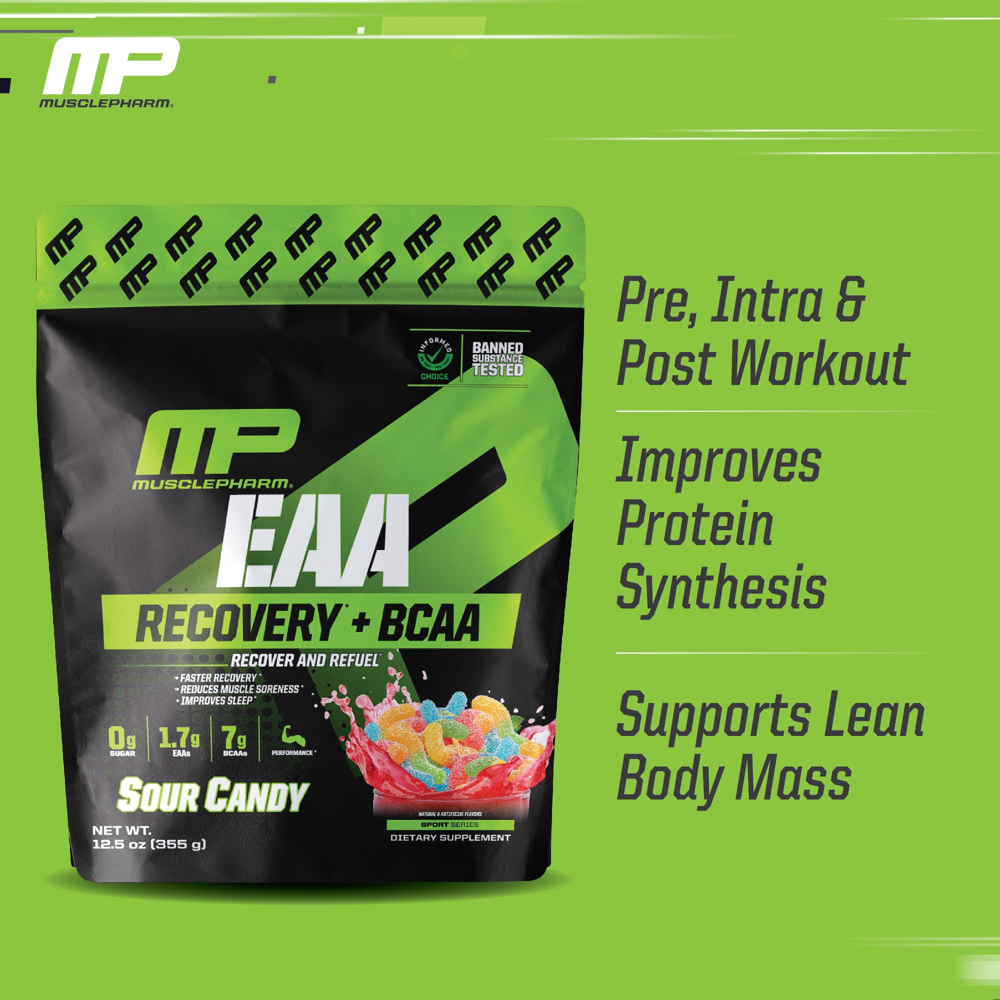 MusclePharm EAA Recovery + BCAAs Powder - Essential Amino Acid Supplement for Men & Women with Branched Chain Amino Acids - 30 Servings Sour Candy Flavor - Pre & Post Workout Energy Boost for Gym, Running & Fitness Training