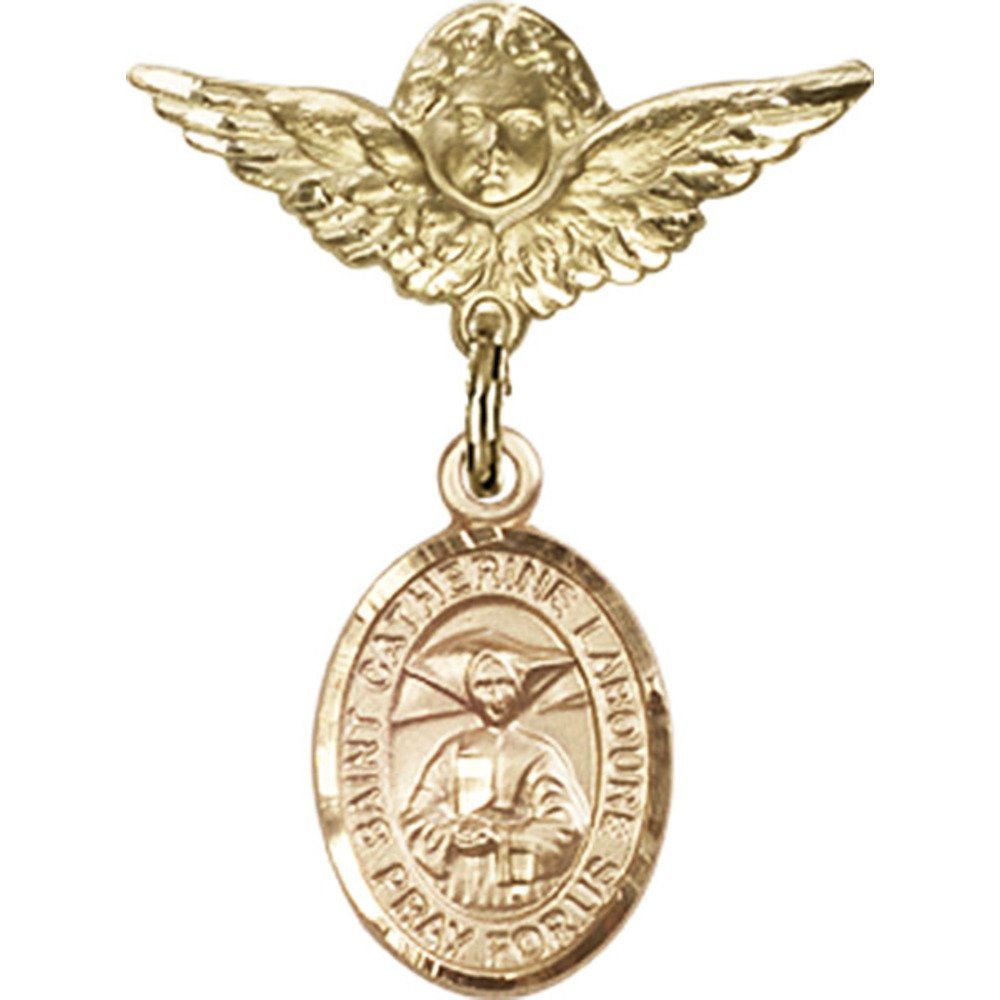 Gold Filled St. Catherine Laboure Charm Baby Badge with Angel Wings Pin - 1 X 3/4 Inch Religious Jewelry for Baptism, First Communion & Christening Gifts