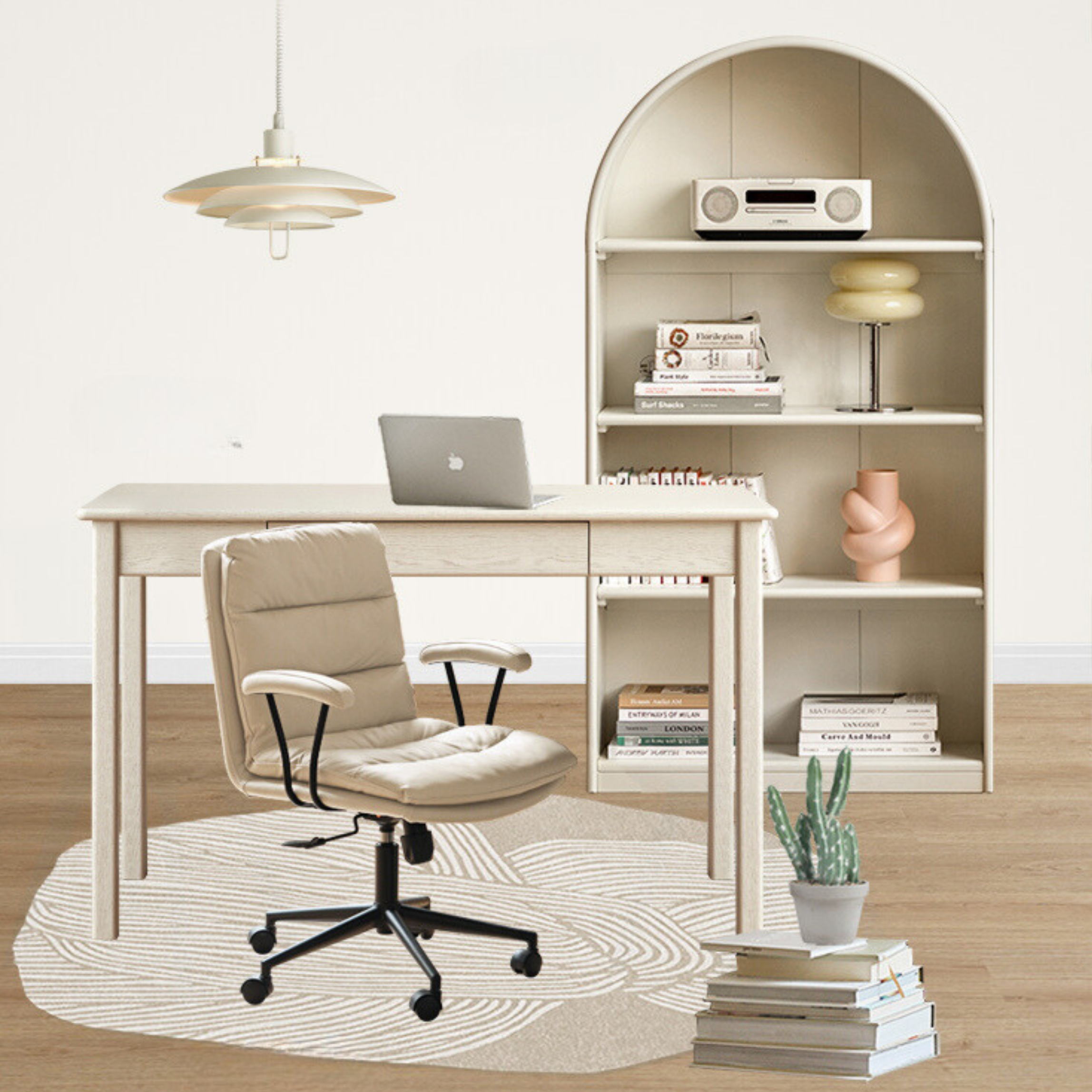 Solid Poplar Wood Arch Bookcase - Display Cabinet & Bookshelf in Cream for Living Room, Bedroom & Office Storage