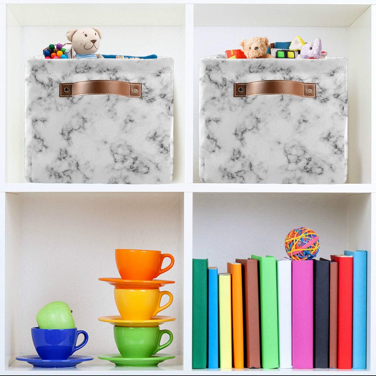 Collapsible White Marble & Black Texture Fabric Storage Basket with PU Leather Handles - Organizer Bin for Toys, Wardrobe, Closet Shelves - Perfect for Nursery, Playroom & Home Organization