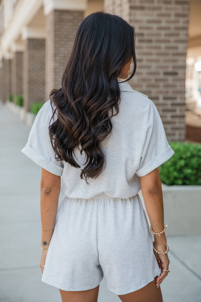 Plain As Day Grey Button Up Collared Romper for Women - Casual Summer Jumpsuit with Pockets | Perfect for Beach Outings, Brunch Dates & Weekend Getaways