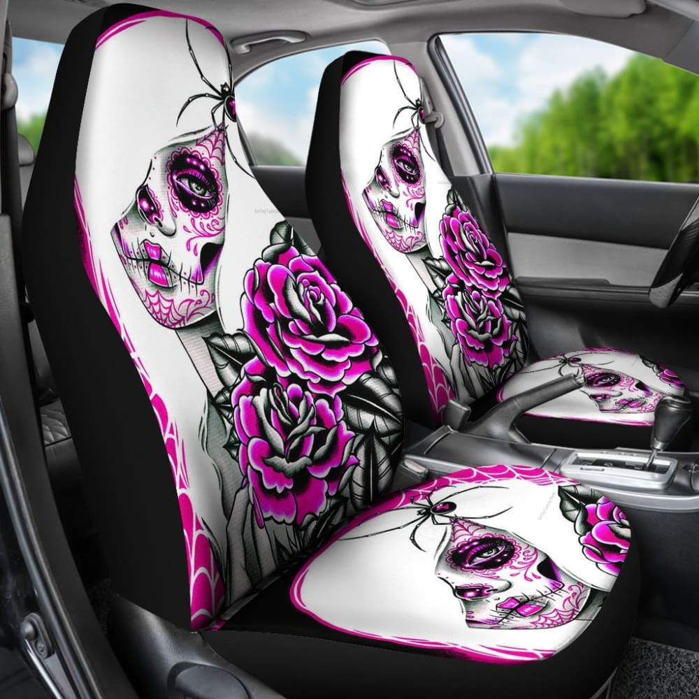 2 Pcs Sugar Skull Girl Car Seat Covers - Gothic Decor for Vehicles - Perfect for Halloween, Dia de Los Muertos & Car Accessories