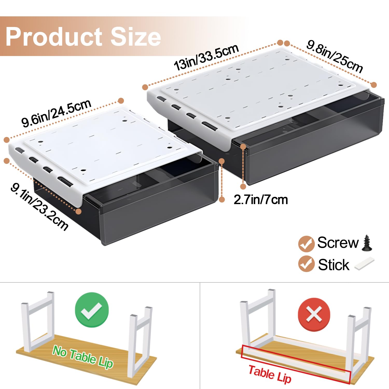 Under Desk Storage Organizer - 2 Pack Slide Out Drawers (Large & Medium) for Office Supplies, Hidden Desktop Organizer with Attachable Pencil Tray | Perfect for Home Office, Study Desk & Workspace Organization