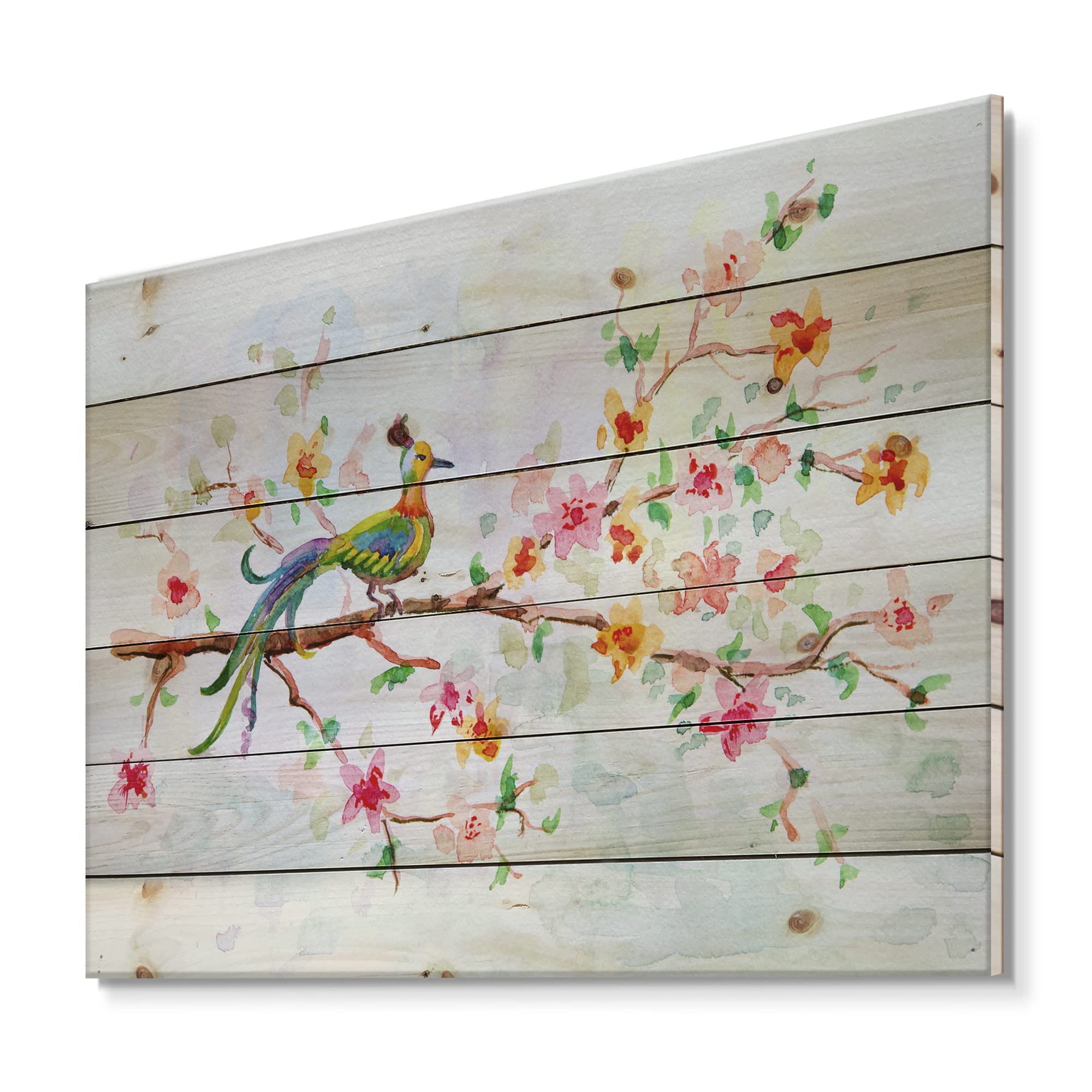 DesignQ Little Bird on Blooming Branch Traditional Wood Wall Decor - Blue Wood Wall Art, Large Animal Wood Panels Printed on Natural Pine - Perfect for Living Room, Bedroom & Nursery Décor