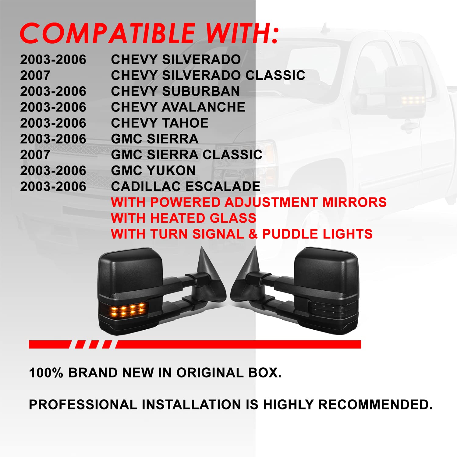 Auto Dynasty Black Power Heated Smoked LED Turn Signal Lights Tow Mirrors for 2003-2007 Chevy Silverado Tahoe GMC Sierra Yukon - Upgrade Your Truck for Winter Driving & Towing Safety