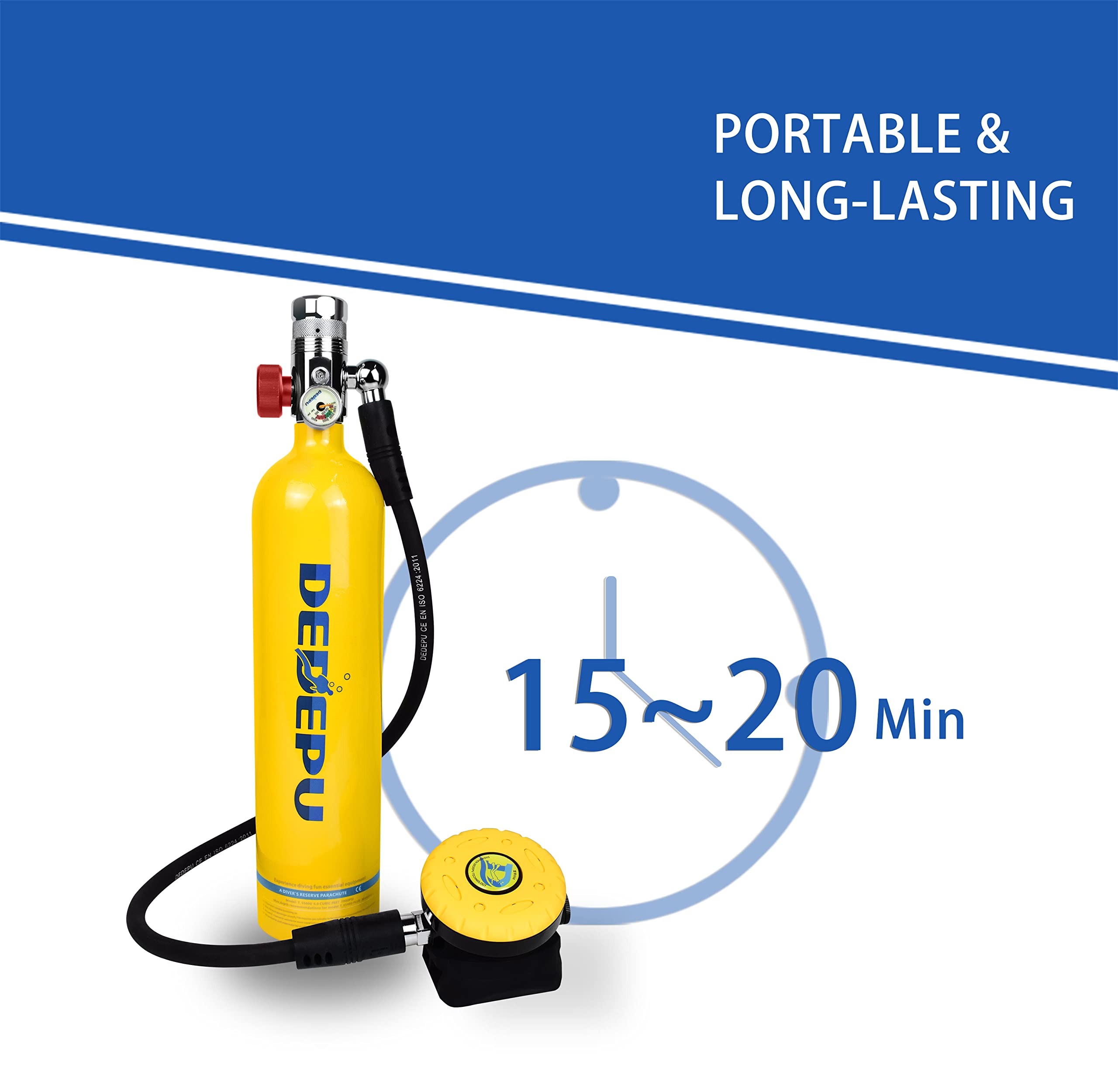 DEDEPU S5000 1L Mini Scuba Diving Tank - High Pressure Air Pump with 15-25 Minute Refill Adapter for Underwater Breathing Training | Portable Oxygen Cylinder for Snorkeling, Spearfishing & Emergency Backup