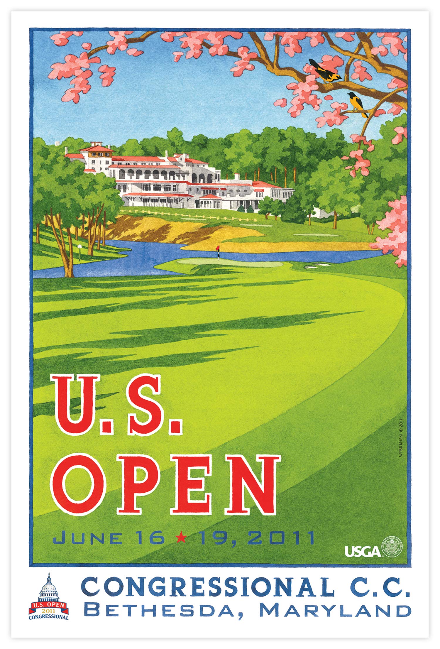 Lee Wybranski Official Golf Art Print - 2011 U.S. Open Championship at Congressional Country Club - 20x30 Inch Golf Wall Decor - Perfect Golf Gifts for Men, Golf Accessories & Office Decor